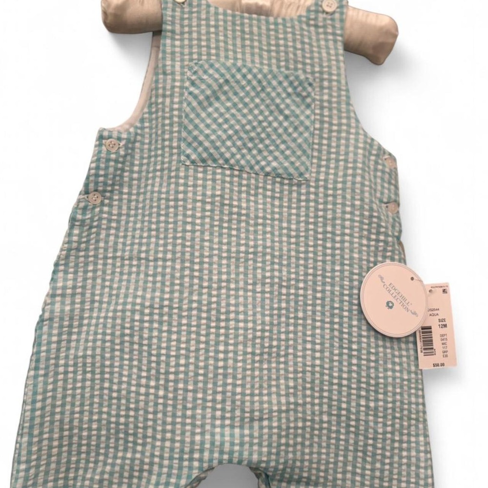 Edgehill Collection Aqua & White Seersucker Infant Boys Romper 12 mo Preppy NWT